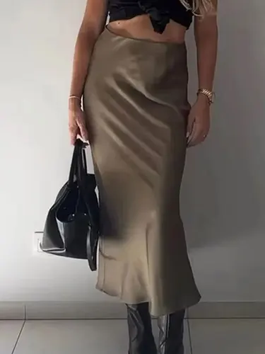 Imagen 2 del producto HH-Falda larga elegante de satén liso para mujer, faldas ajustadas de cintura alta Y2K, falda Midi ajustada con textura de seda a la moda para mujer