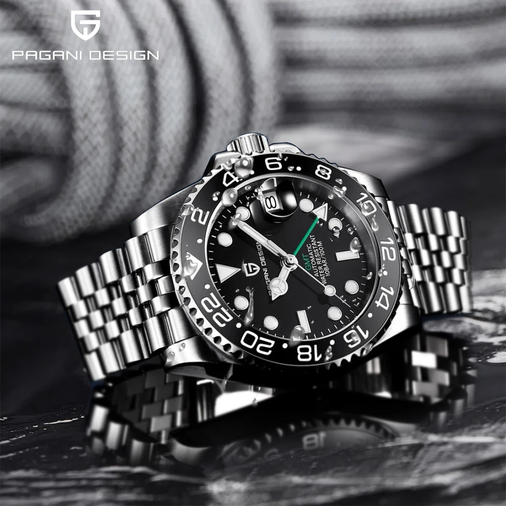 PAGANI DESIGN ساعة ميكانيكية أوتوماتيكية للغوص للرجال 316L من الفولاذ المقاوم للصدأ ساعة عمل فاخرة من زجاج الياقوت المضيء للغاية