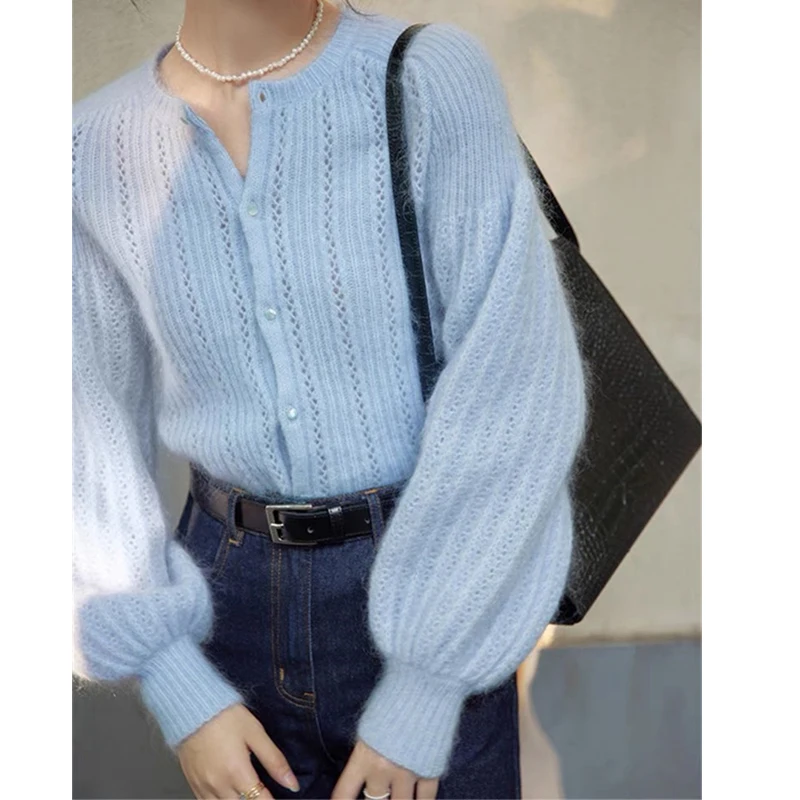 Limiguyue Mohair Knit Cardigan Women Vintage French Sweater Gentle Blue Knitwear Loose Round Neck Coat Lantern Sleeve Tops J054