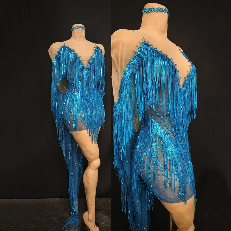 Azul completo franjas strass vestido feminino lantejoulas vestido de festa bar dj ds celebrar roupa palco trajes jazz club wear xs10788