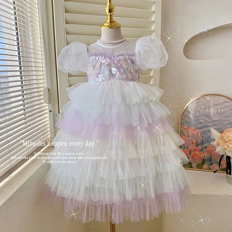 

Summer Sweet Girls Birthday Tulle Wedding Ball Gown Party Dress Princess Shiny Floral Baby Children Lace Cake Layed Skirts