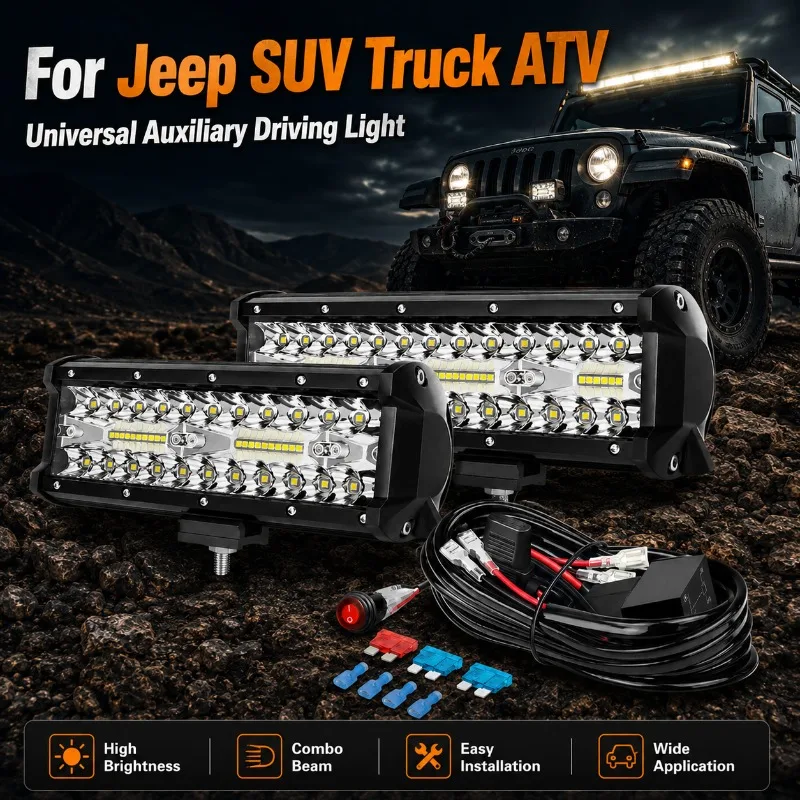 

"120W 7 Inch Triple Row LED Work Light Bar 3-Eye Offroad Driving Fog Light Waterproof Spot Flood Combo for SUV Truck Tractor"