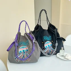 1pc Ball&Chain Astronaut Environmental Bag Kawaii Nylon Canvas Embroidery Large Capacity Shoulder Bag Shopping Bag Girls Gifts