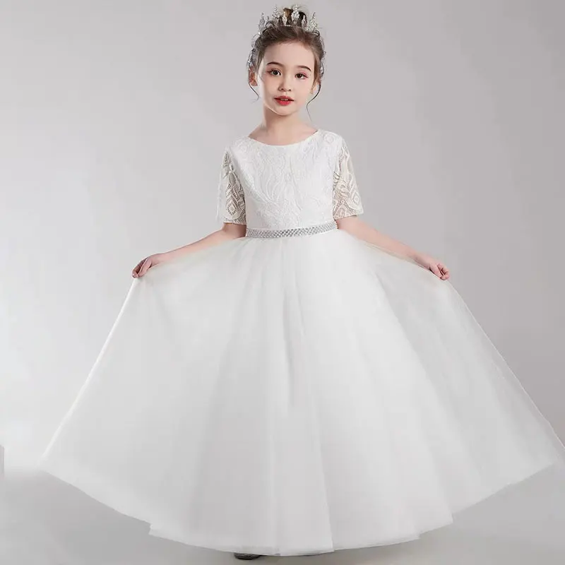 Flower Girls Lace Tulle Dress White Little Girls Communion Ceremony Dresses Elegant Big Bow Back Teen Girls School Performance