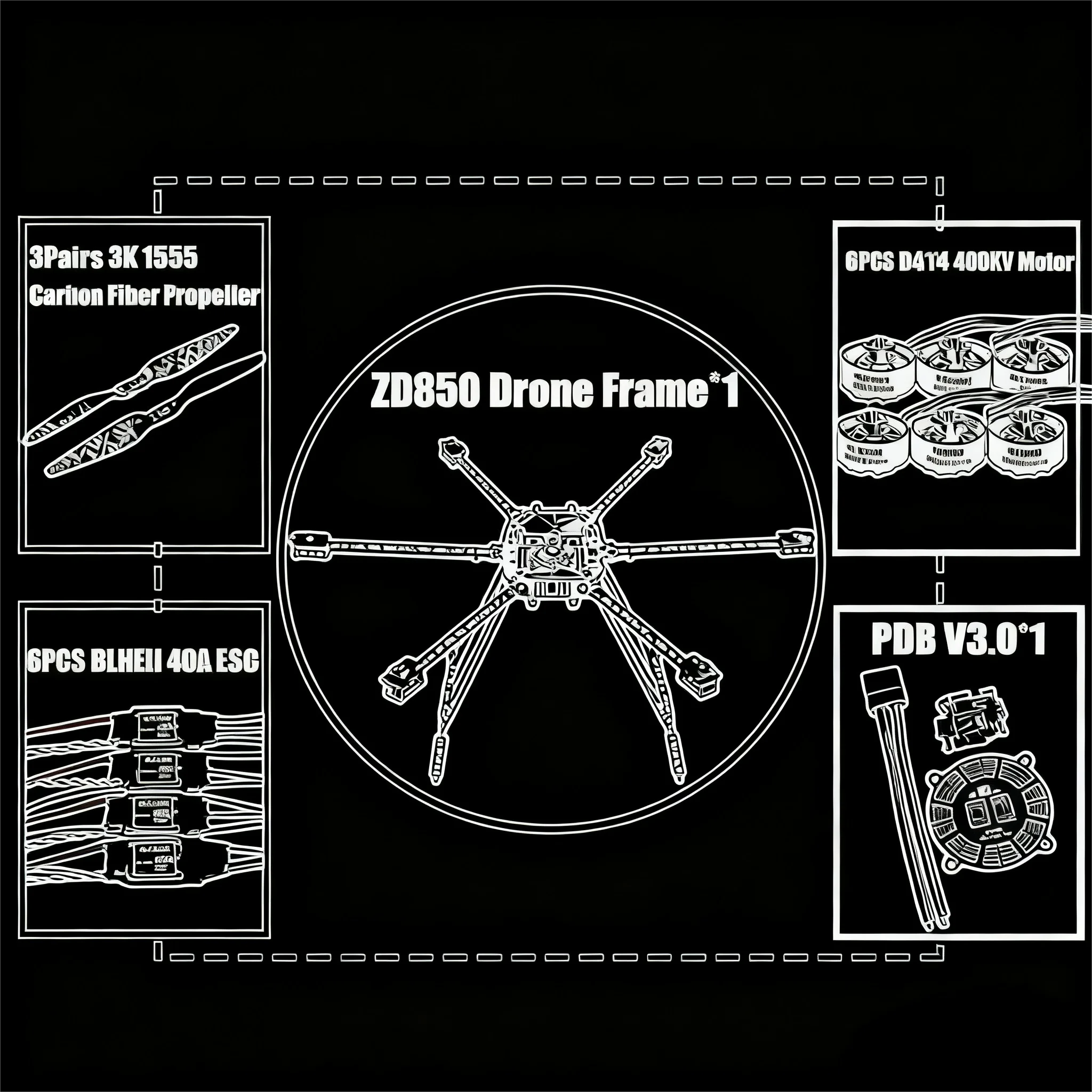 BCUBE ZD850 2.4.8 M8N Full Carbon Fiber 850Mm Hexa-Rotor Frame Blheli 40A Esc Flight Comtrol Radio Telemetry Set