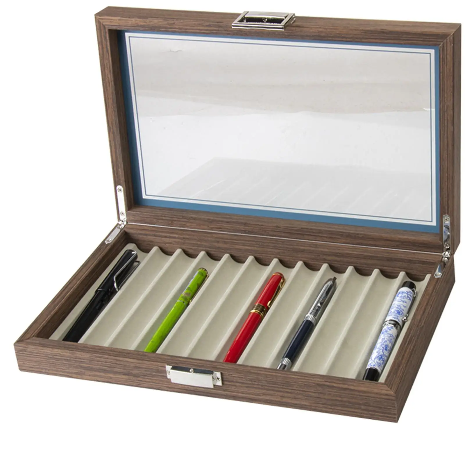 Wooden Pen Storage Case 12 Pens Capacity Practical Pen Collection Case Organizer 12 Slot with Glass Window for School Shop Home