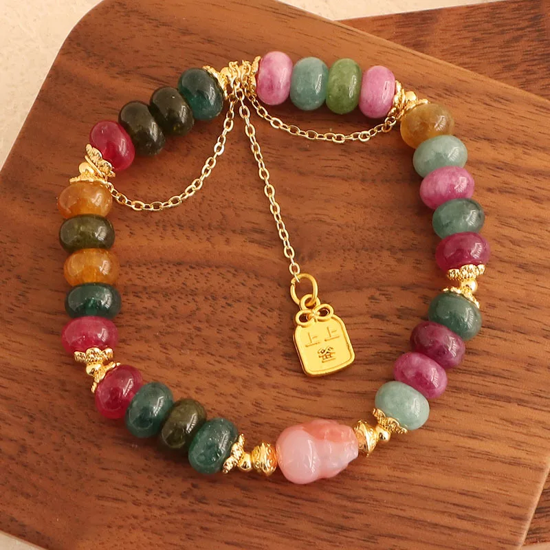 

Minar Stylish Rainbow Natural Stone Jade Tourmaline Tourmaline PIXIU Coin Tassel Pendant Beaded Strand Bracelets for Women Gifts