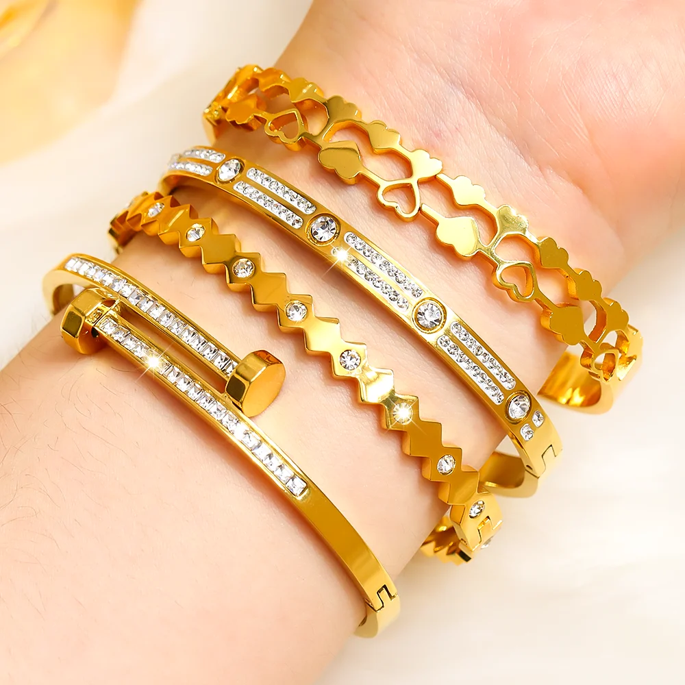

4Pcs/Set Stacked Stainless Steel Bracelet for Women, Shiny Zircon Series Gold color Bangle, Waterproof Exquisite Jewelry Gift