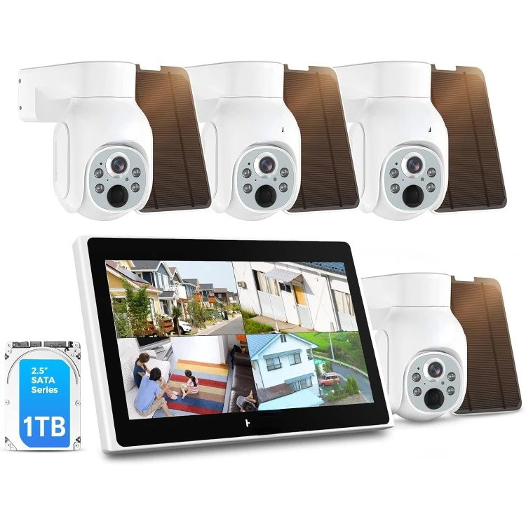 Solar Camera Outdoor, 4PCS 4MP Wireless Security Camera System with 10in LCD, 2-Way Audio, PT 360°, Night Vision, Motion