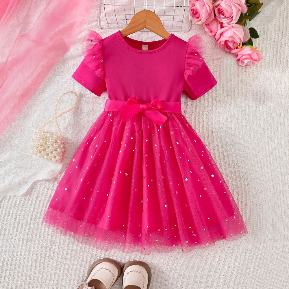 Girls' Summer Knitted Patchwork Small Flying Sleeves Star Mesh Casual Dress Short Sleeve Multi-Layer Skirt