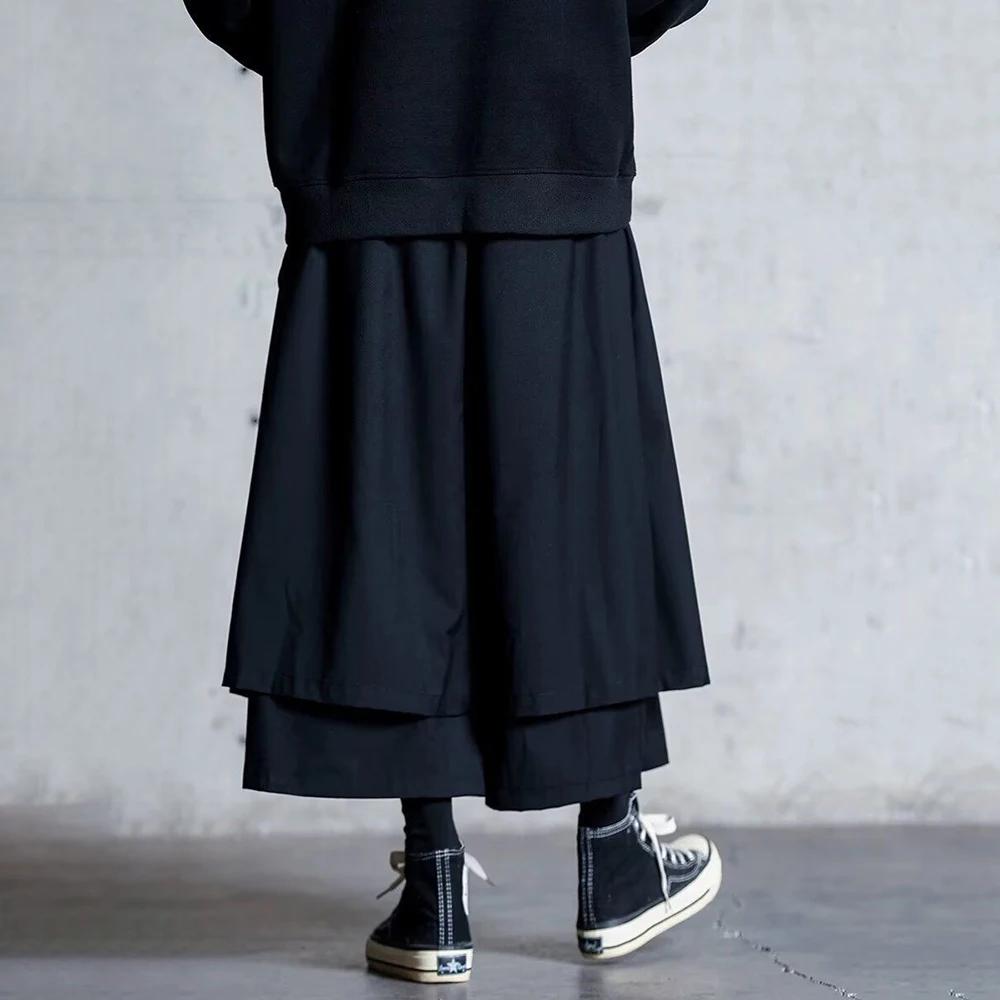 Mens Y2k Culottes Double Layer Samurai Pants Hakama Spring Streetwear Fashion Trend Gothic Casual Pants Men\'S Clothing 2025 New