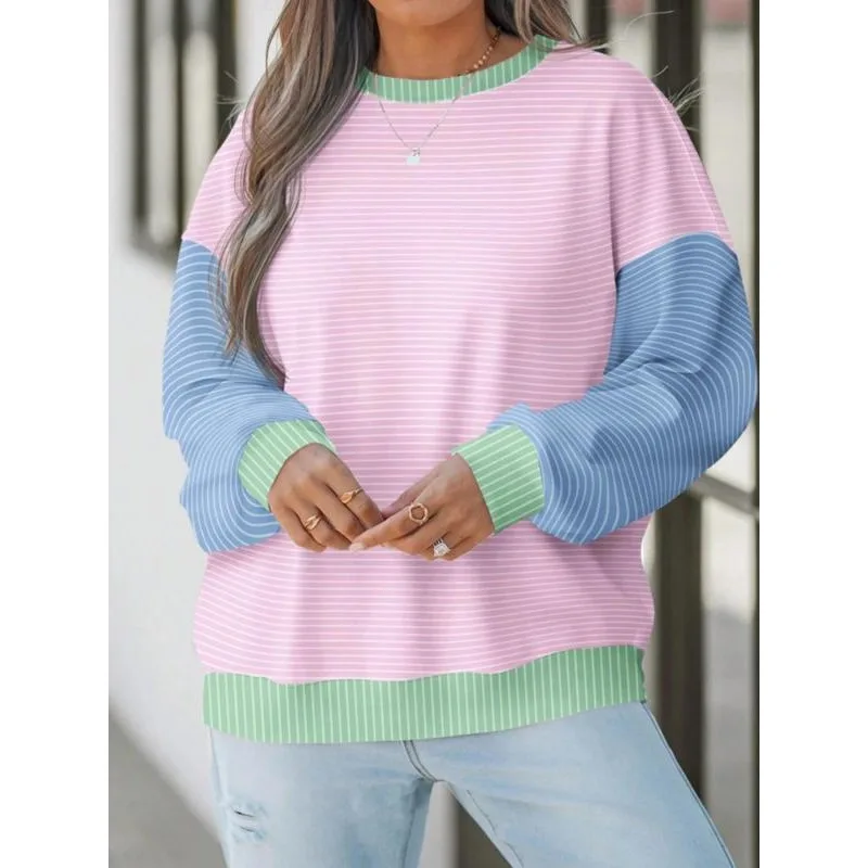 

Женский повседневный свободный пуловер с круглым вырезом и цветовыми блоками, толстовка с длинными рукавами, большие размеры 1XL-5XL