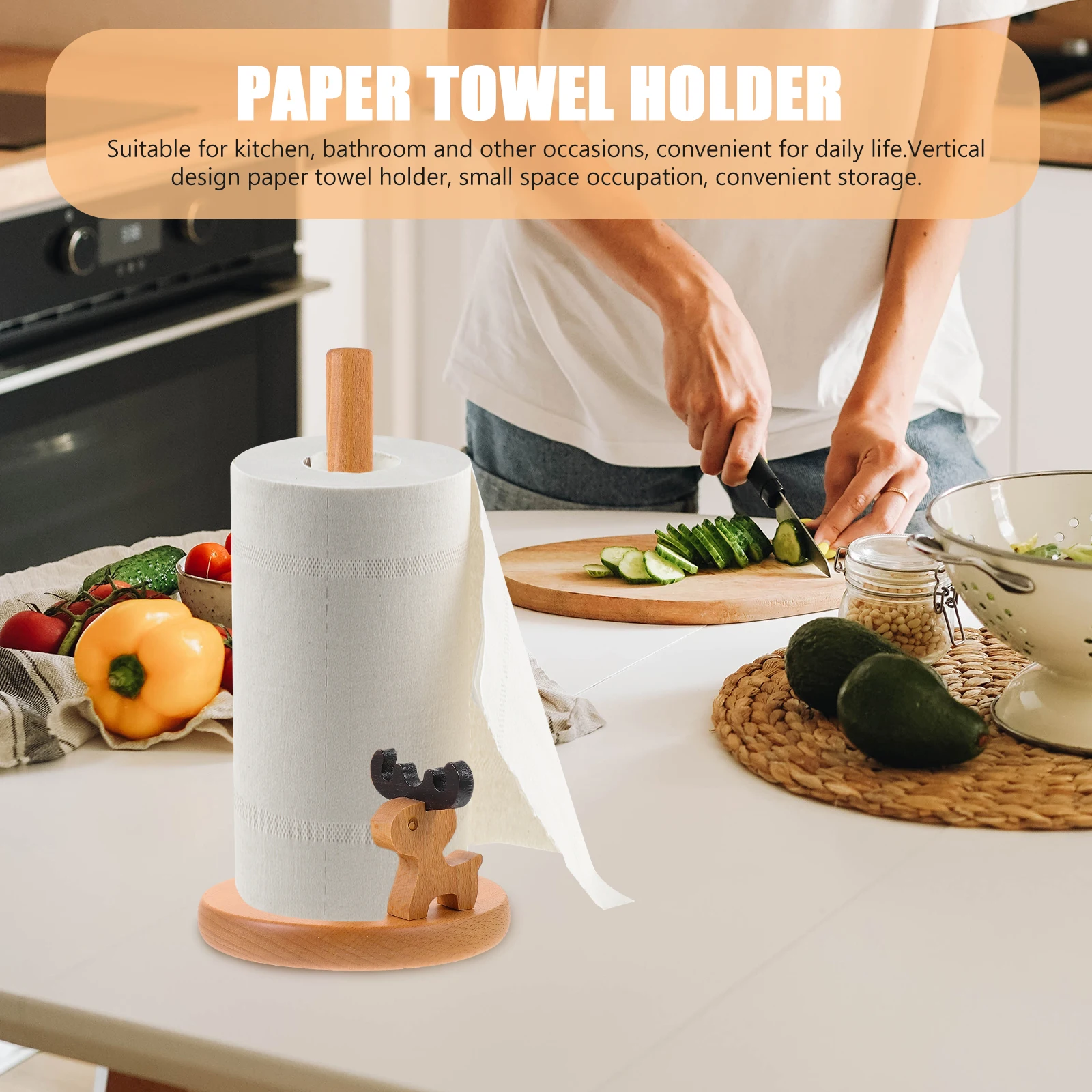 

1pcs Deer Design Paper Towel Holder Countertop Wood Kitchen Roll Stand Dispenser Non-Slip Bathroom Tissue Rack Vertical Storage