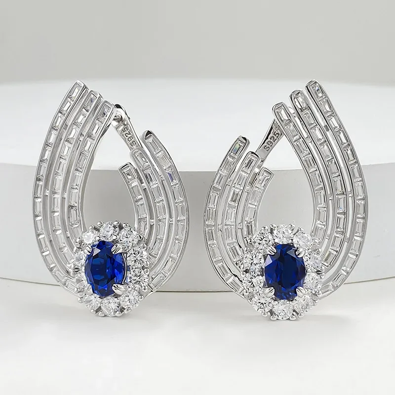 2024 New Fashionable Evening Style Luxury Inlaid 6 * 8mm Blue Jadeite Earrings with High Grade S925 Silver Earrings for Women