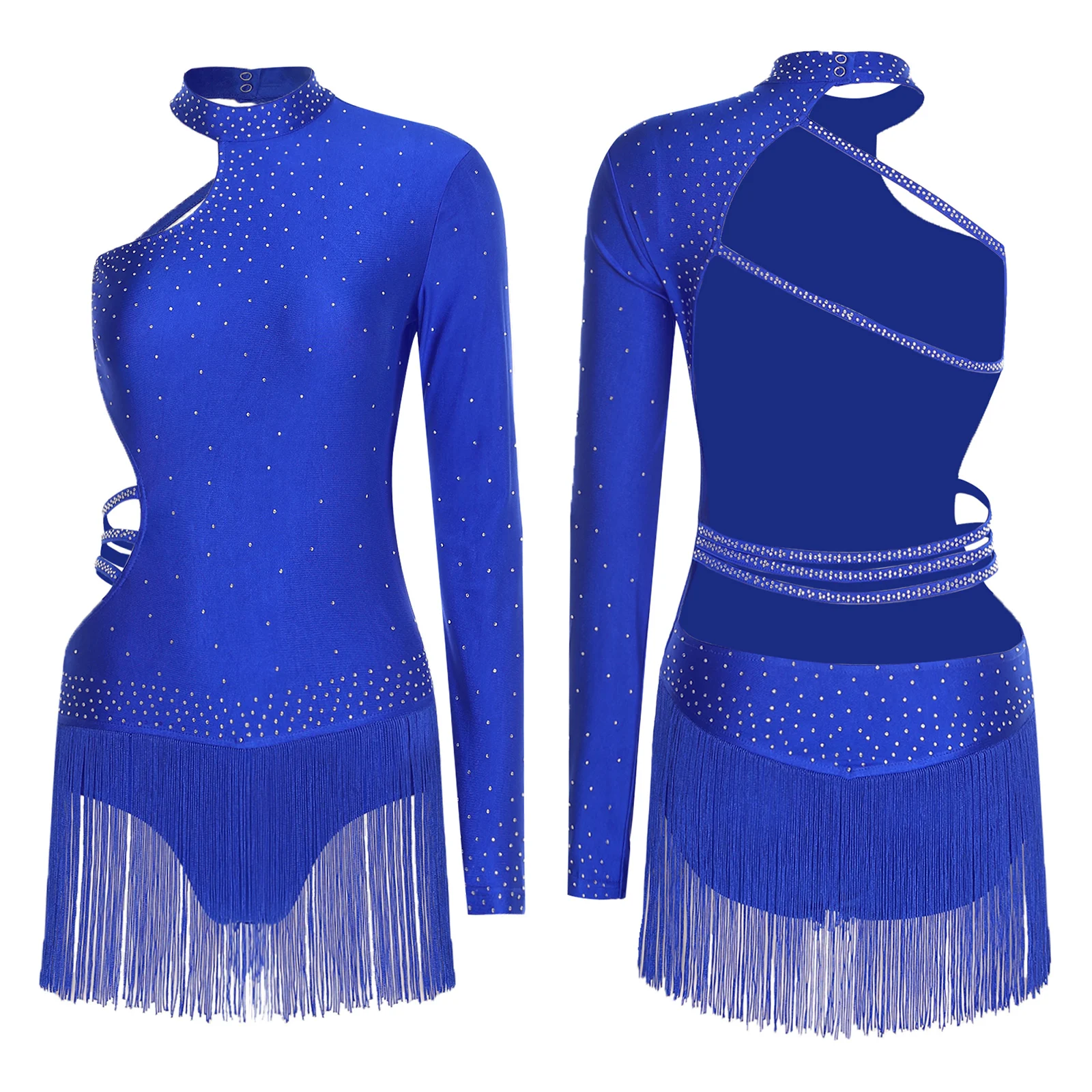 Frauen Latin Dance Body Single Langarm Riemchen Rückenfrei Quaste Taille Ballett Latin Trikot Overall für Chacha Tango Proms