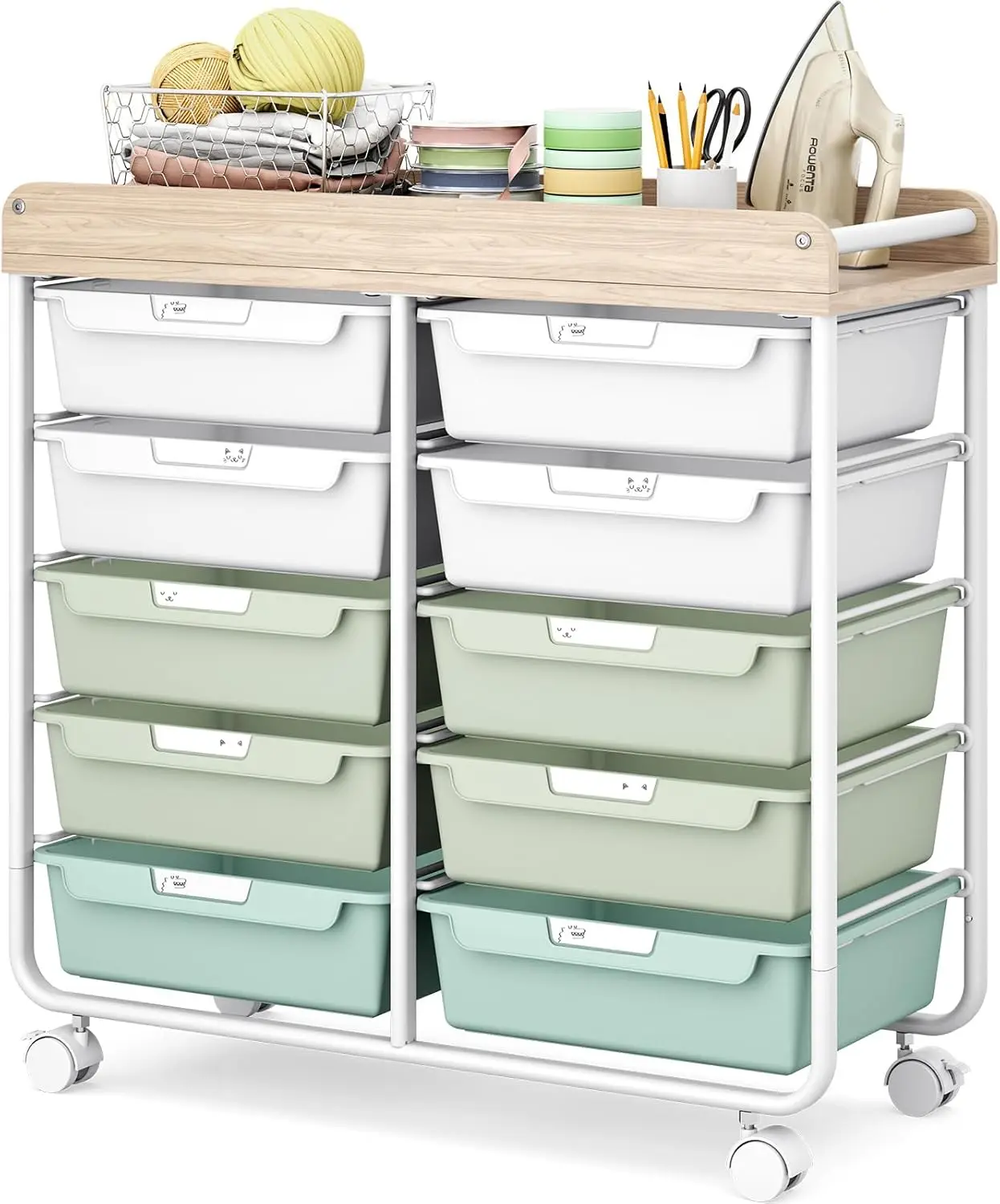 

10 Drawers Rolling Cart with Wooden Tabletop, Utility Storage Cart on Wheels for Home Office School, Green