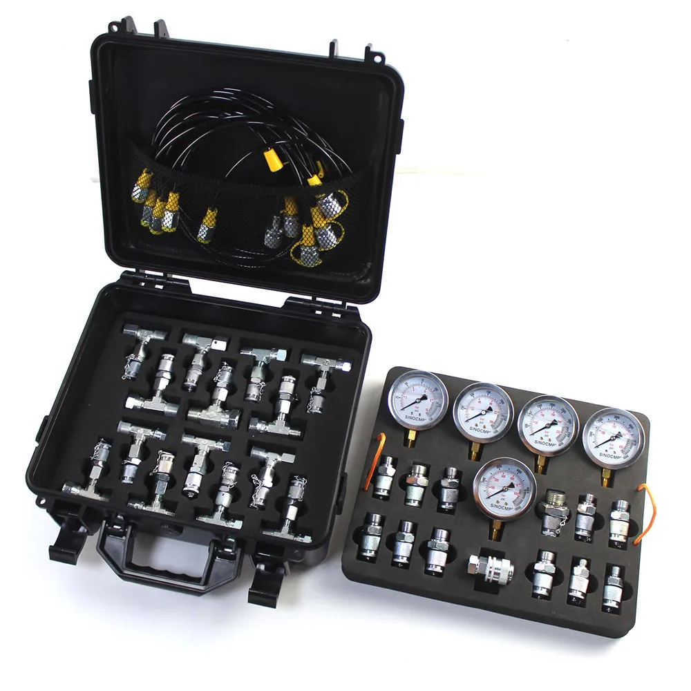 Hydraulic Pressure Test Kit w/ 5 Gauges 5 Test Hoses 13 Couplings & 14 Tee Connectors, 1/10/25/40/60Mpa Gauge Kit for Excavators