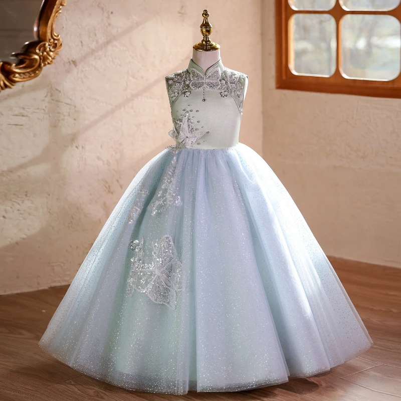 2026 Elegant Embroidery New Chinese Style Blue Green Girls Formal Host Performance Kids Long Birthday Tutu Princess Gown Dresses