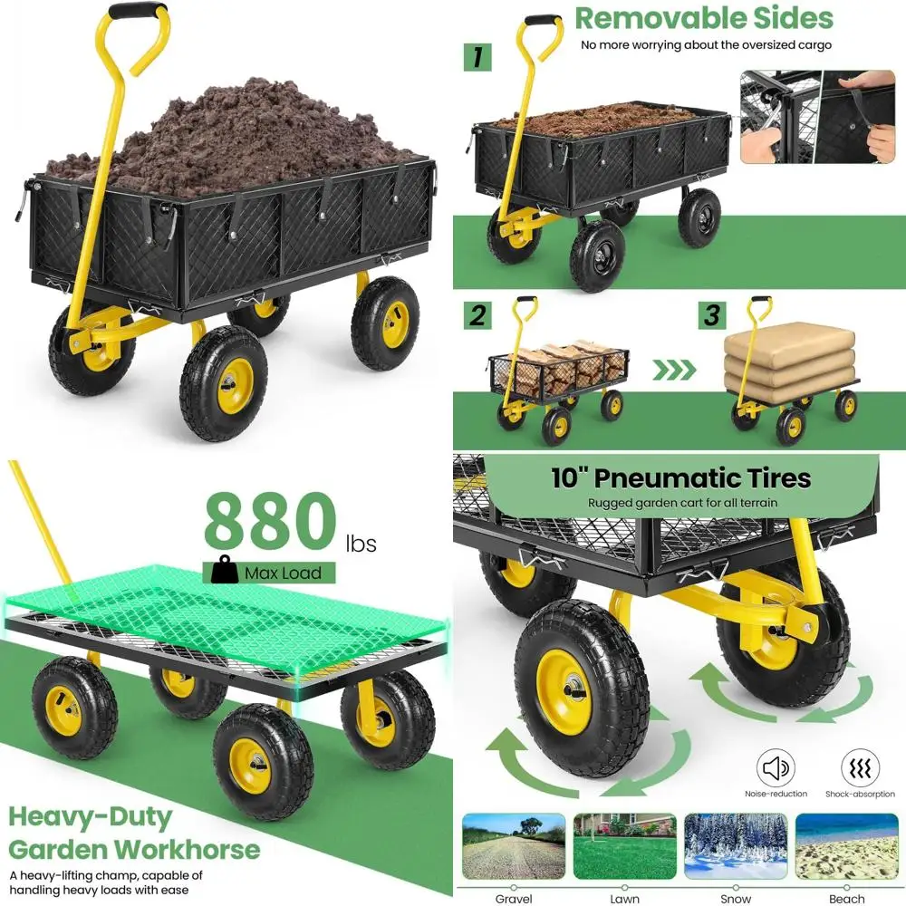 Heavy-Duty Foldable Steel Garden Wagon with 880 lbs Capacity, Rotating Handle, 10 Inch Tires, and Pullable Design for Outdoor Us