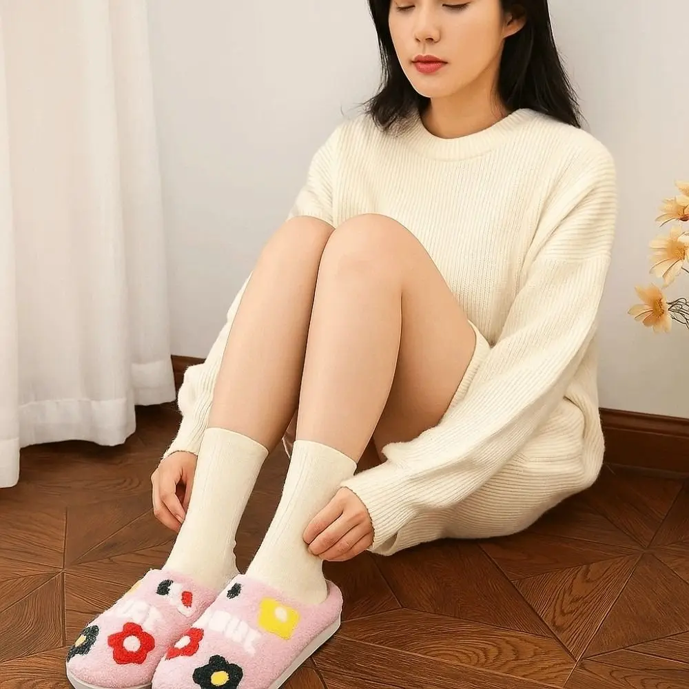 

Soft Flowers Cotton Slippers Anti-slip Fluffy Slides Winter Warmer Slippers Furry Green Haired Warm Home Cotton Shoes Winter