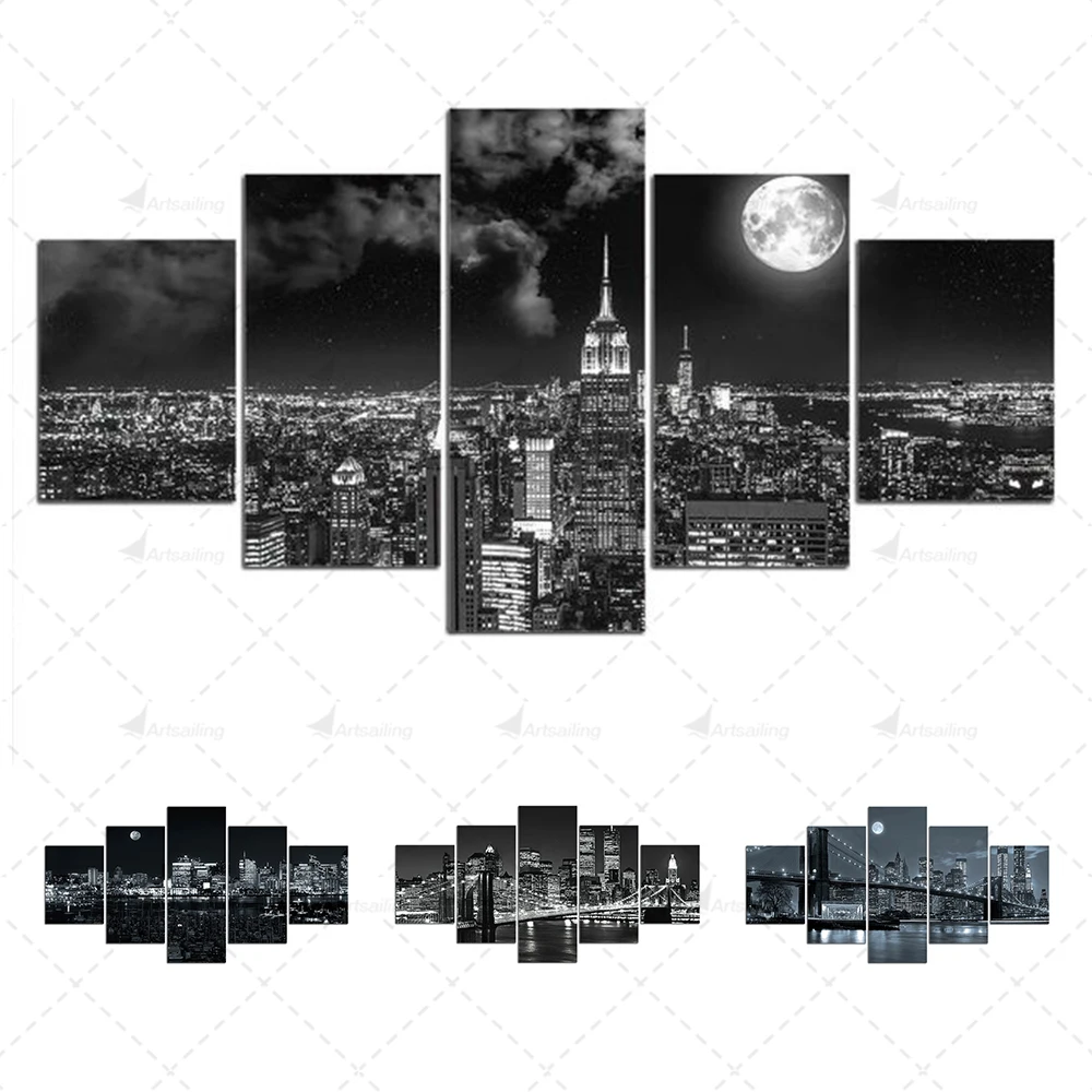 City Night View Picture 5 Panels Canvas Painting Black and White City Landscape Poster Print Wall Art for Living Room Home Decor