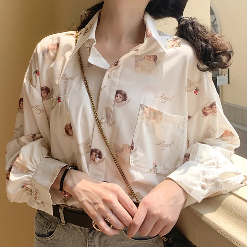 Angel Print Women Shirts Casual Turn Down Collar Lantern Sleeve Female Tunic 2023 New Autumn Womens Tops And Blouses