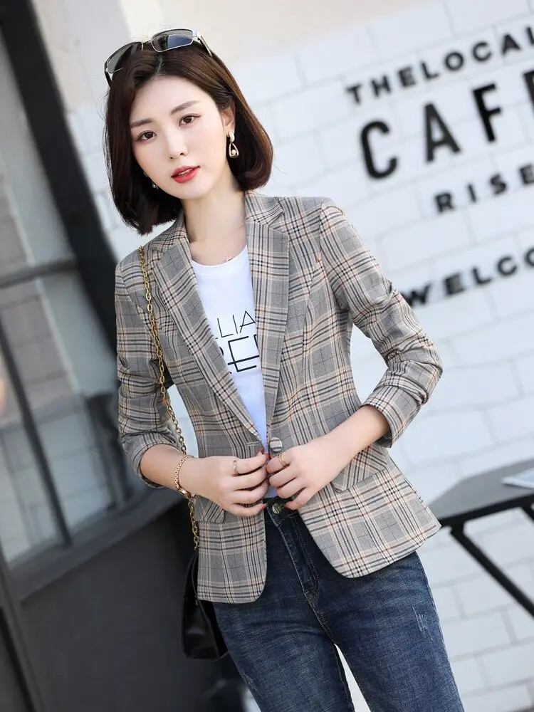 Feminino Geruite Jas Pocket Office Lady Casual Stijl Zakelijke Damesblazer Damesoutfit Blauwe Grijze Lange Mouw Jas Met Hoge Taille