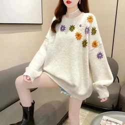 Maglione estetico da donna autunno primavera coreano dolce ricamo Vintage floreale pieno o-collo processo complesso ragazze maglione Mori ragazza