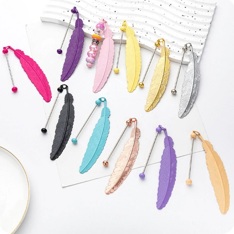 1pc Vintage Feather Shape Metal Bookmarks DIY Glass Beaded Hook Alloy Bookmark for Student Teacher Book Page Holder