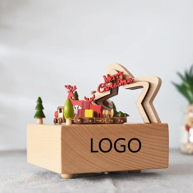

Mechanical Movement Wooden Clockwork Music Box With Movable Magnetic Train
