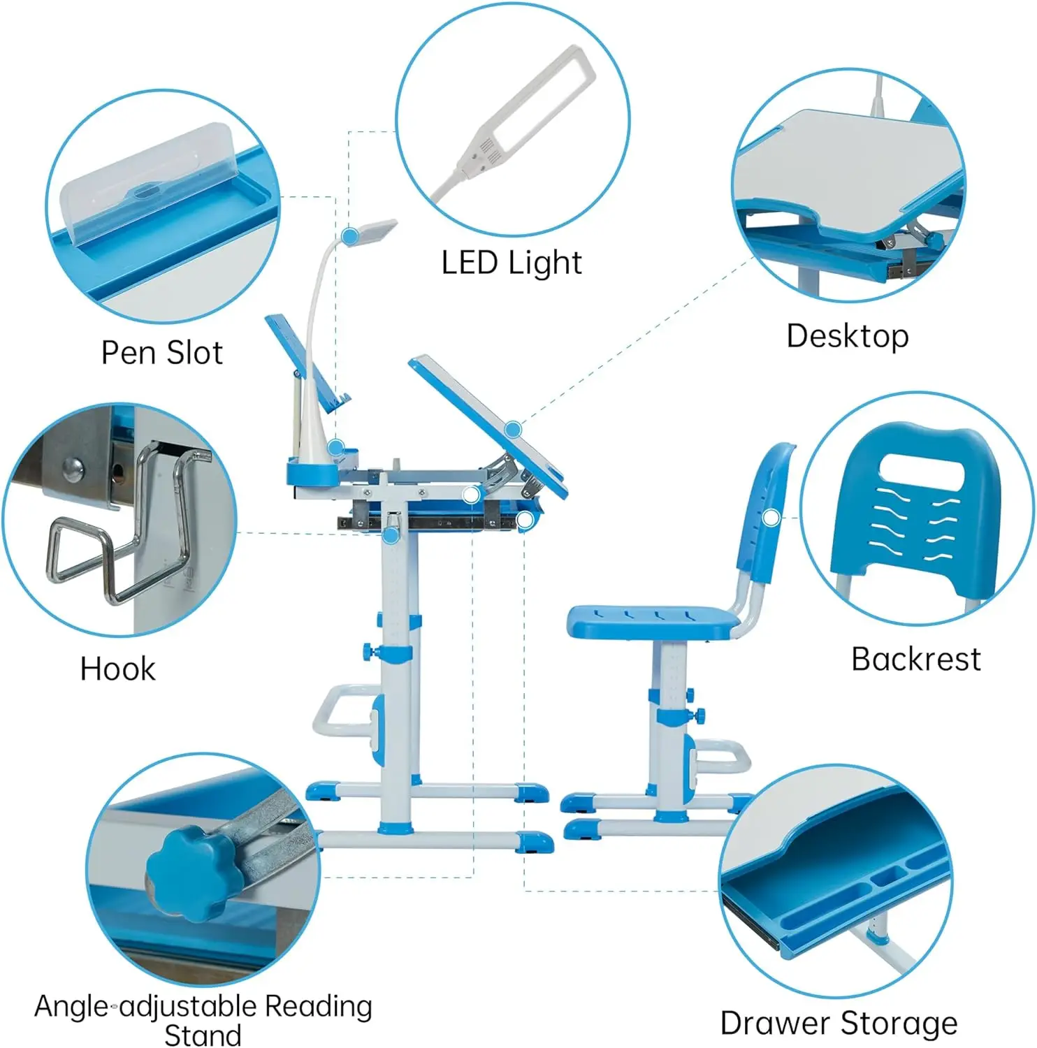 طقم مكتب وكرسي للأطفال، طاولات مدرسية متعددة الوظائف للأطفال مع سطح مكتب، إضاءة LED، خطاف معدني أزرق