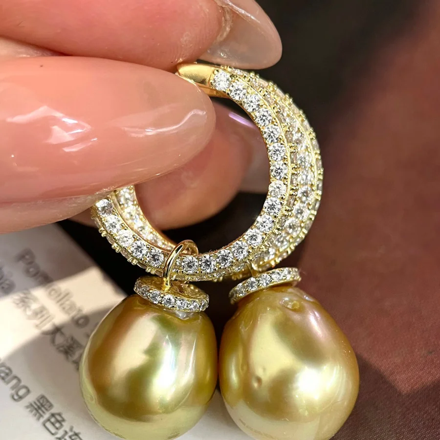 MeiBaPJ DIY 925 Silver Holder 11-12mm Golden Natural Round Pearls Fashion Drop Earrings Fine Jewelry for Women