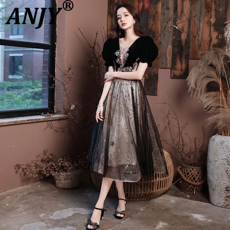 ANJY Spring Summer New Women Fashion Elegant Sequins Design Mesh Patchwork Contrast Color Puff Sleeve Banquets Long Dress A20653