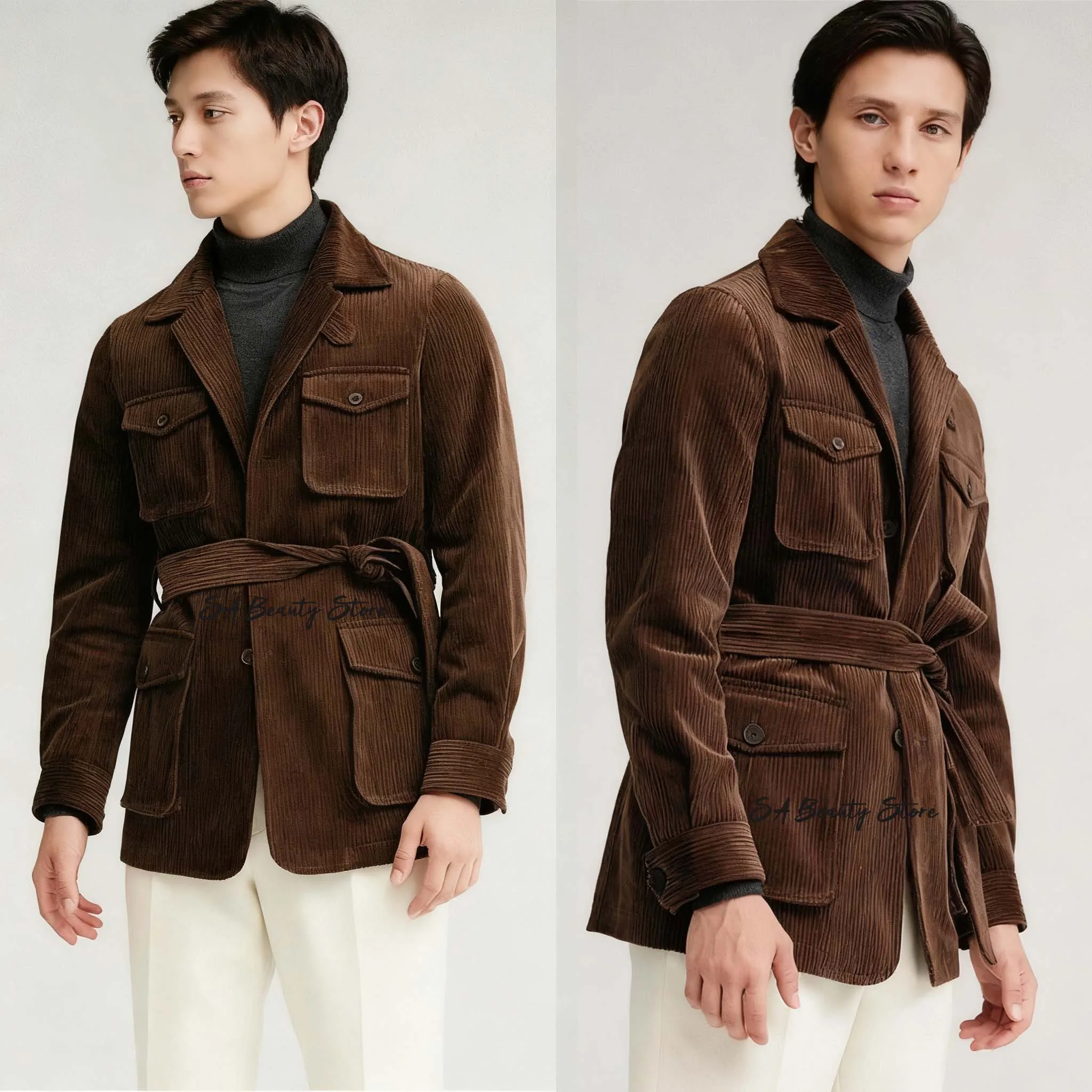 

Brown Corduroy Suit coat for Men Single Breasted Jacket with Belt Casual Menswear Hunting style multiple pockets Man Blazers