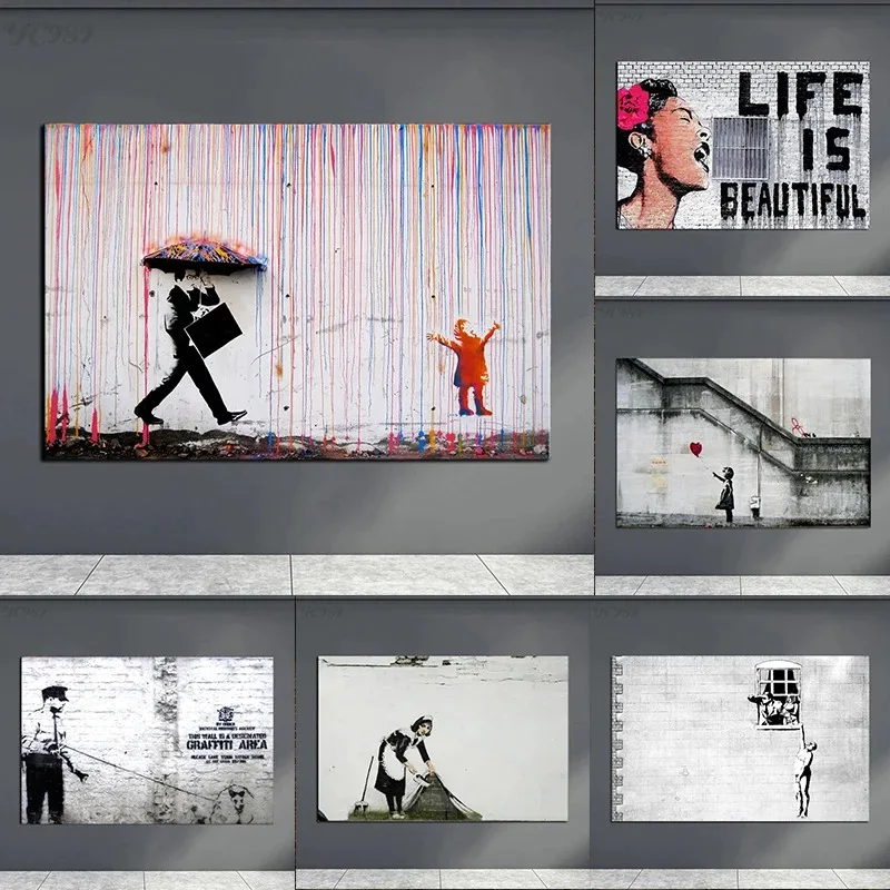 بانكسي نمط فتاة مع القلب بالون الكتابة على الجدران قماش اللوحة الشارع البوب الفن جدار صورة لغرفة المعيشة ديكور المنزل Cuad #1