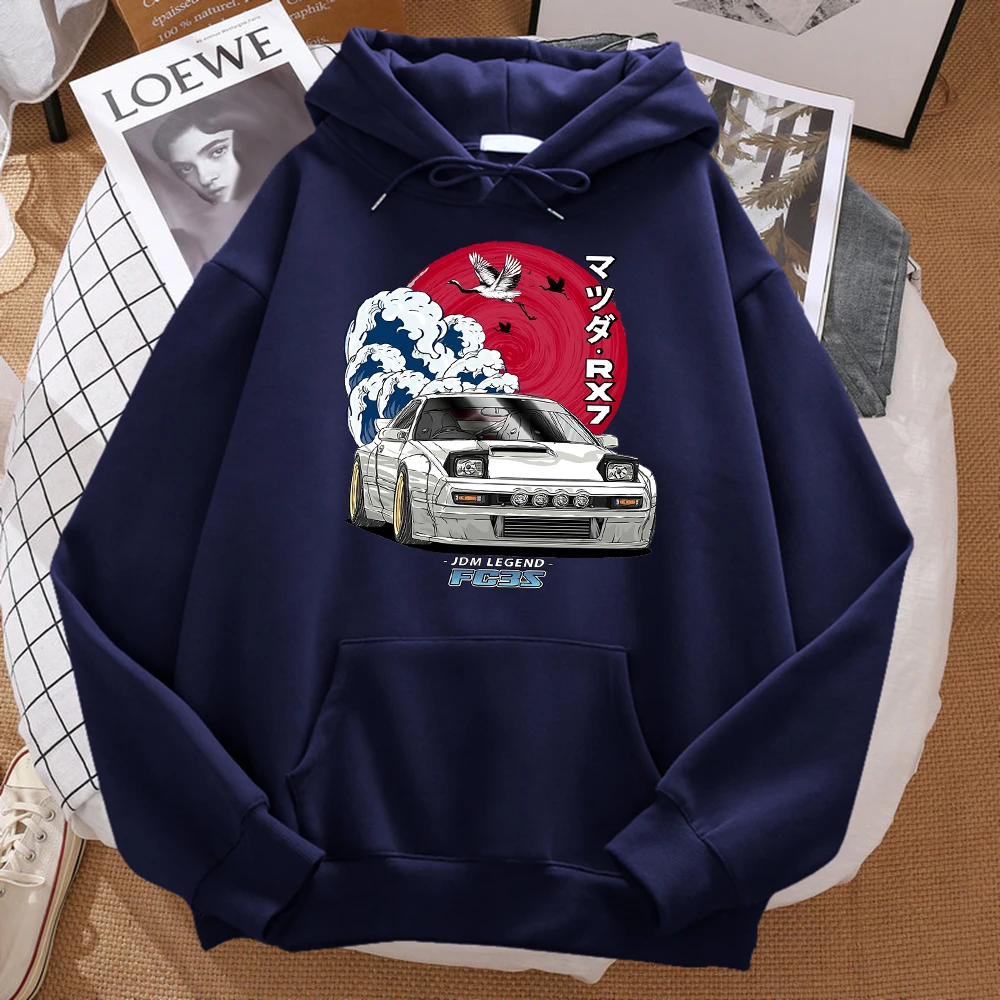 Japanese Car Waves Crane Red Sun Prints Hoody Men Fashion Oversize Sweatshirt Autumn Pocket Warm Hooded Hipster Soft Streetwear