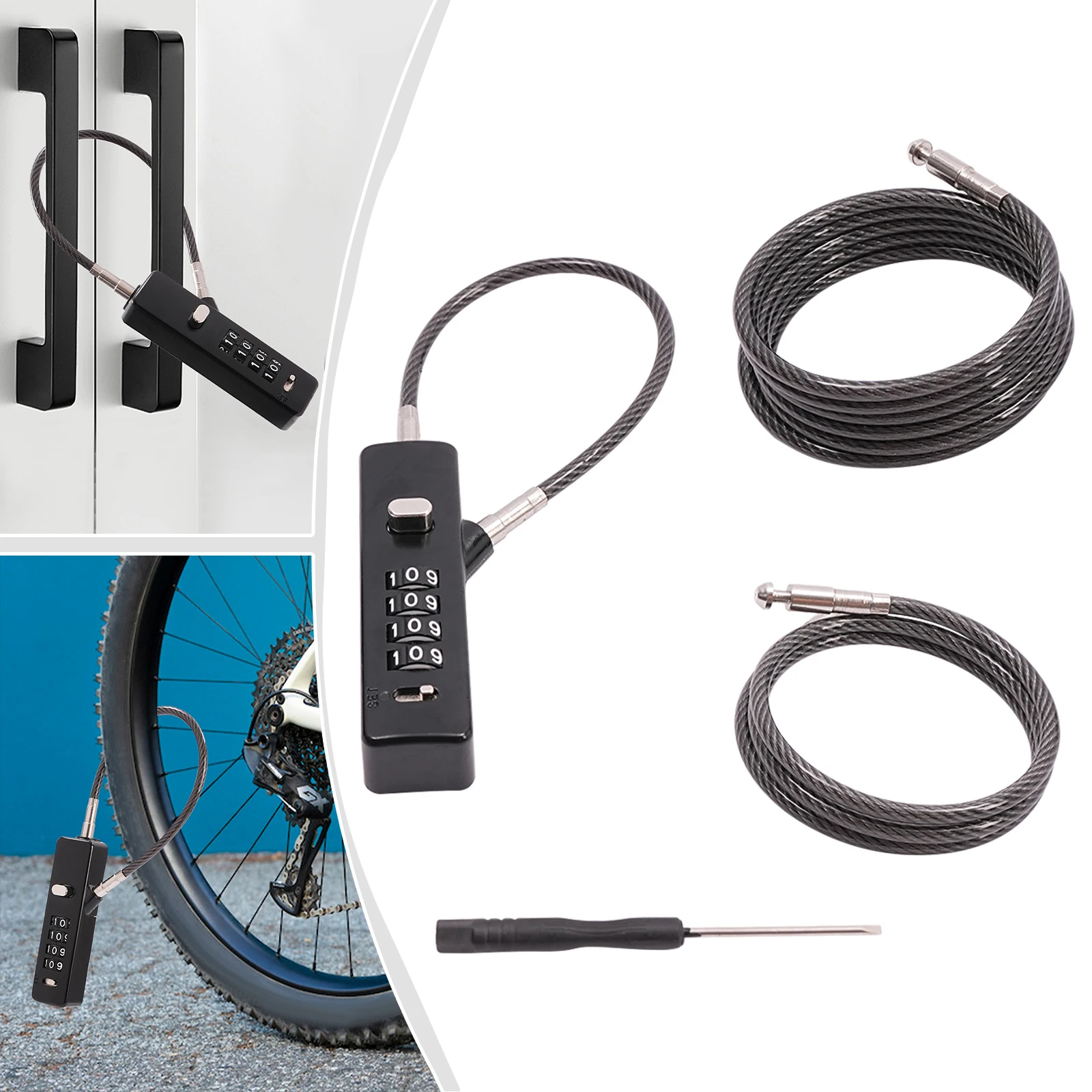 

Кабельный замок с кодовым (черный) — 4 цифры (0000 начальных), 3 стальных кабеля (11,8/23,6/47,24 дюйма), нержавеющая сталь 304, антикоррозийная