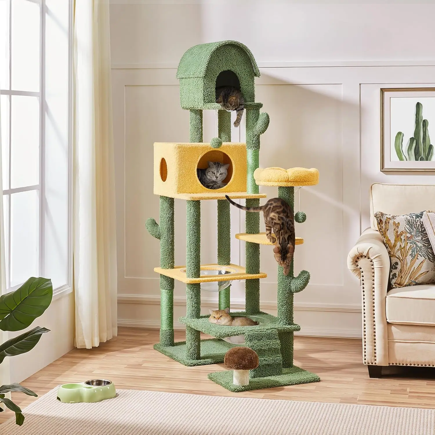 Indoor Use, 68.5in Tall Cactus - Shaped Cat Tree with Condos and Dangling Balls
