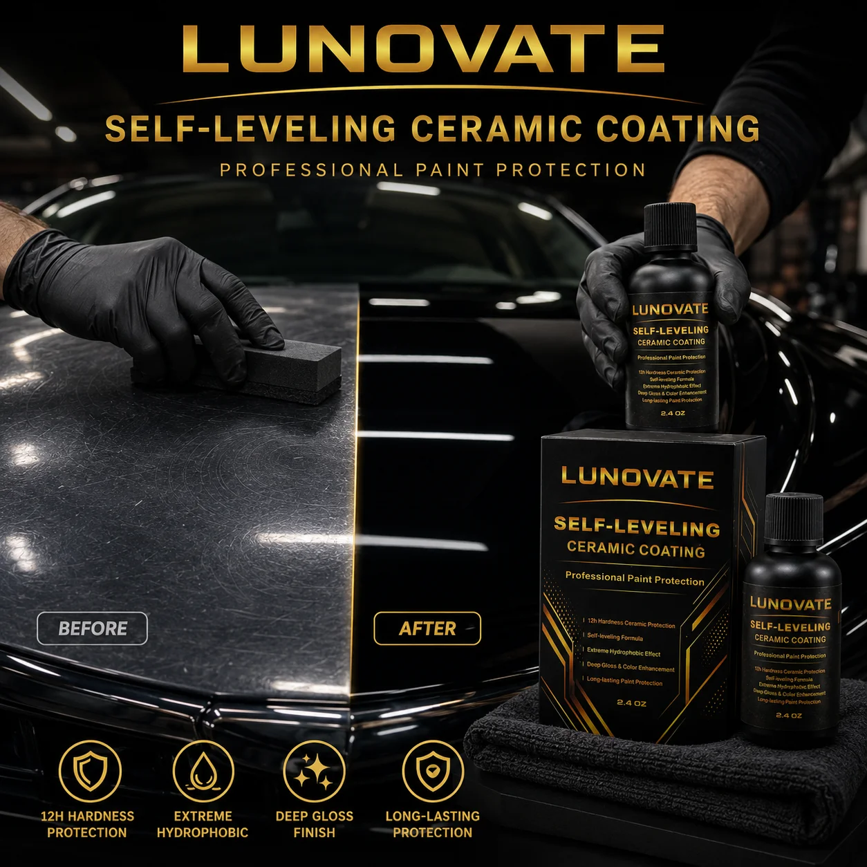 LUNOVATE 2.4Oz 9H Ceramic Coating | Self-Leveling Nano Vehicle Paint Sealant, Hydrophobic Anti-Scratch, High Gloss