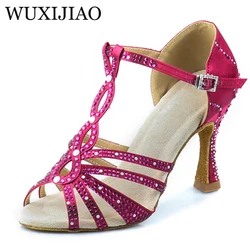 WUXIJIAO-zapatos de baile latino para mujer, calzado de satén fucsia con diamantes de imitación brillantes, tacones altos cubanos de 9cm, zapatos de baile de Salsa