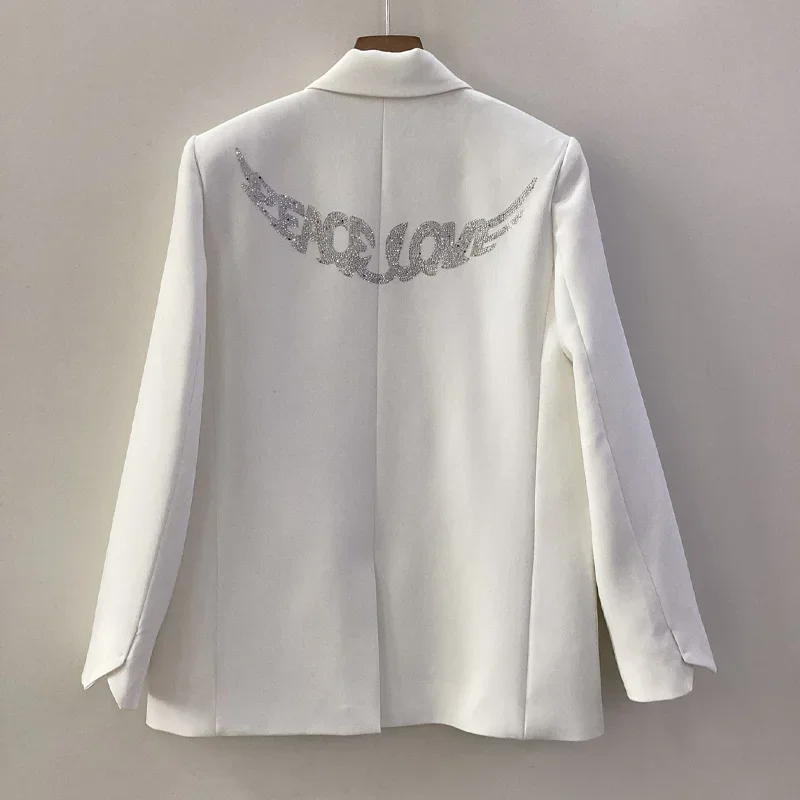 Back Diamond Decoration Women's White Blazer Notched Double Breasted Long Sleeve Fashion Female Suit Jacket