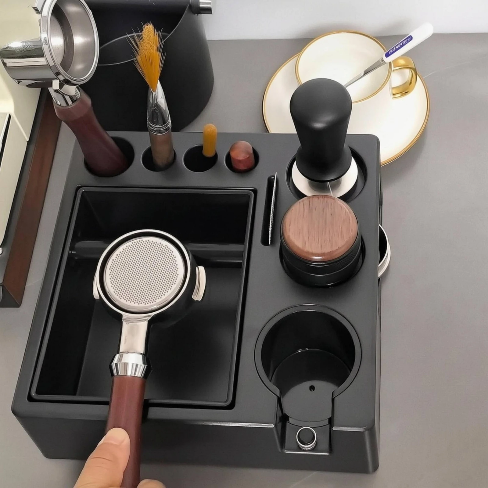 Tamping Station with Knock Box Built-in Storage Espresso Knock Box Stand Espresso Accessory Holder Exposed-topTop