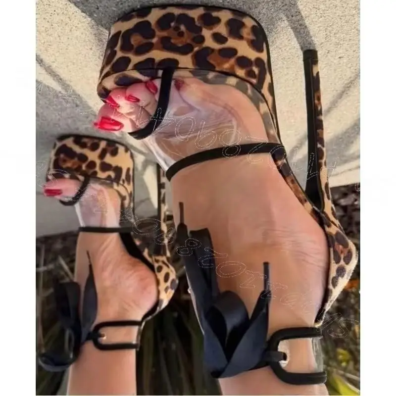 

PVC Peep Toe Leopard Print Platform Sandals Lace Up Women Shoes Thin High Heels Sexy Party Feast Dating 2026 Zapatos Para Mujere