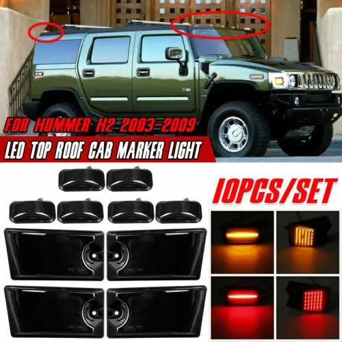 Full LED Cab Roof Kit Top Marker Running Lights For Hummer H2 2003-2009& Hummer H2 SUT 2005-2009 Smoked Lens Yellow& Red