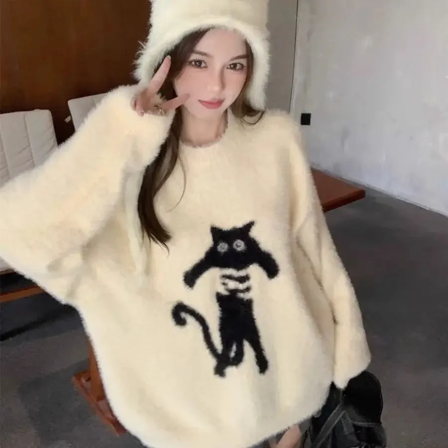 

Retro cat casual knit sweater, college style loose fitting pullover, couple round neck sweater y2k clothes LOOSE FIT