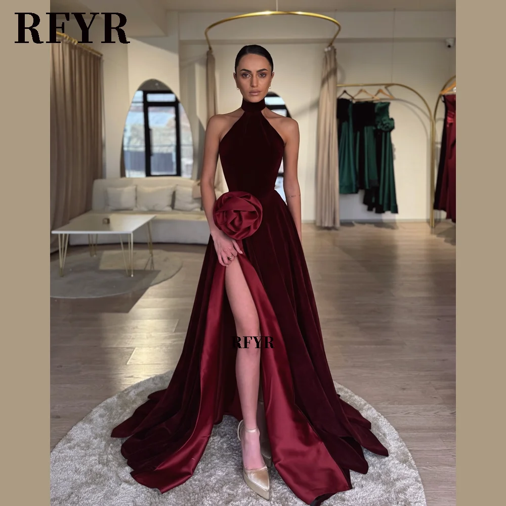 

RFYR Halter Prom Dresses Velvet Evening Dresses High Slit Satin Party Dress with Flowers Elegant Vestidos De Noche Customized