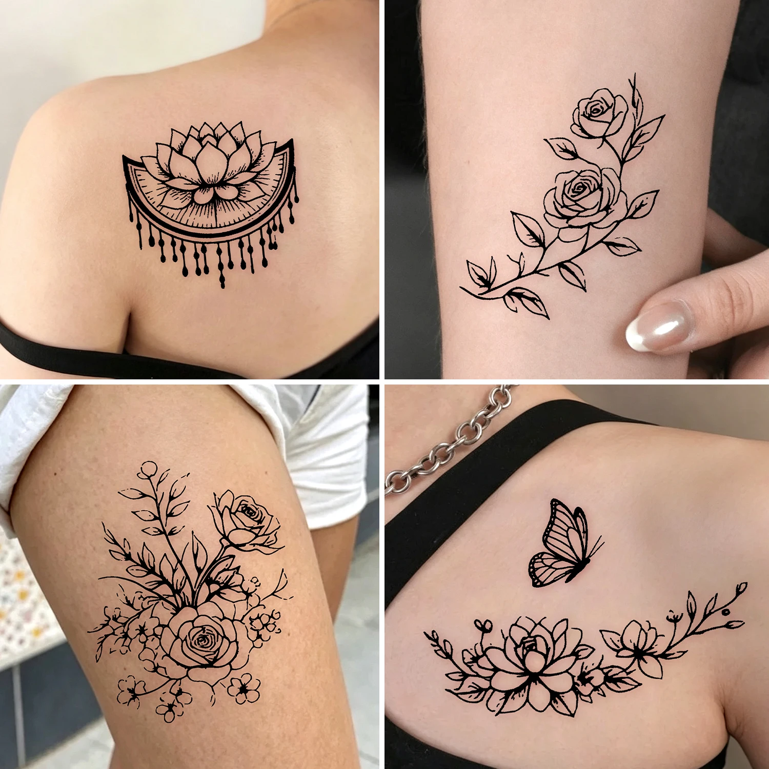 10 Sheets Black Line Sketch Rose Flower Temporary Tattoo Stickers, Moon Daisy Lotus Floral Pattern Waterproof Fake Body Tattoos