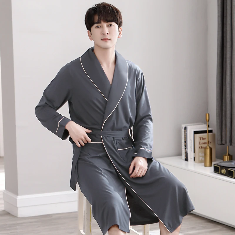 Mens Simple Long Robes Spring Autumn Long Sleeve Bathrobes Man Soft Modal Dressing Gown Breathable Kimono Bath Robe With Belt