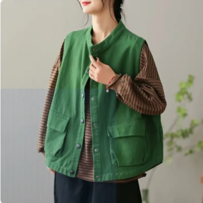 Japan Style Vintage Waistcoats Women's Good Quality Washing Cotton Stand Collar Sleeveless Double Pocket Loose Casual Cargo Vest