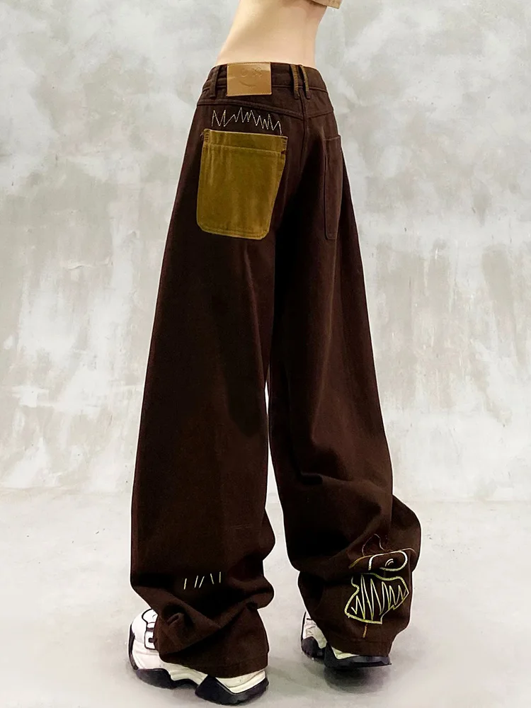 Y2K Curved Knife Jeans Women Pocket Splicing High Waist Loose Straight Versatile Winter